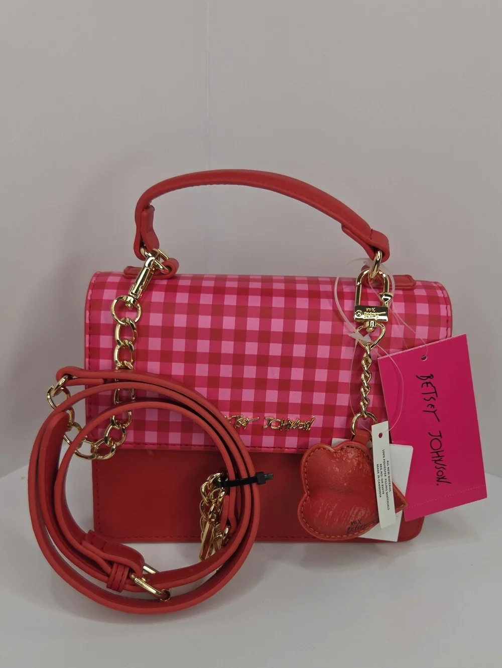 ❤️▪️Betsey Johnson ▪️Red/Pink Checkered Gingham Mini Satchel Crossbody Bag
